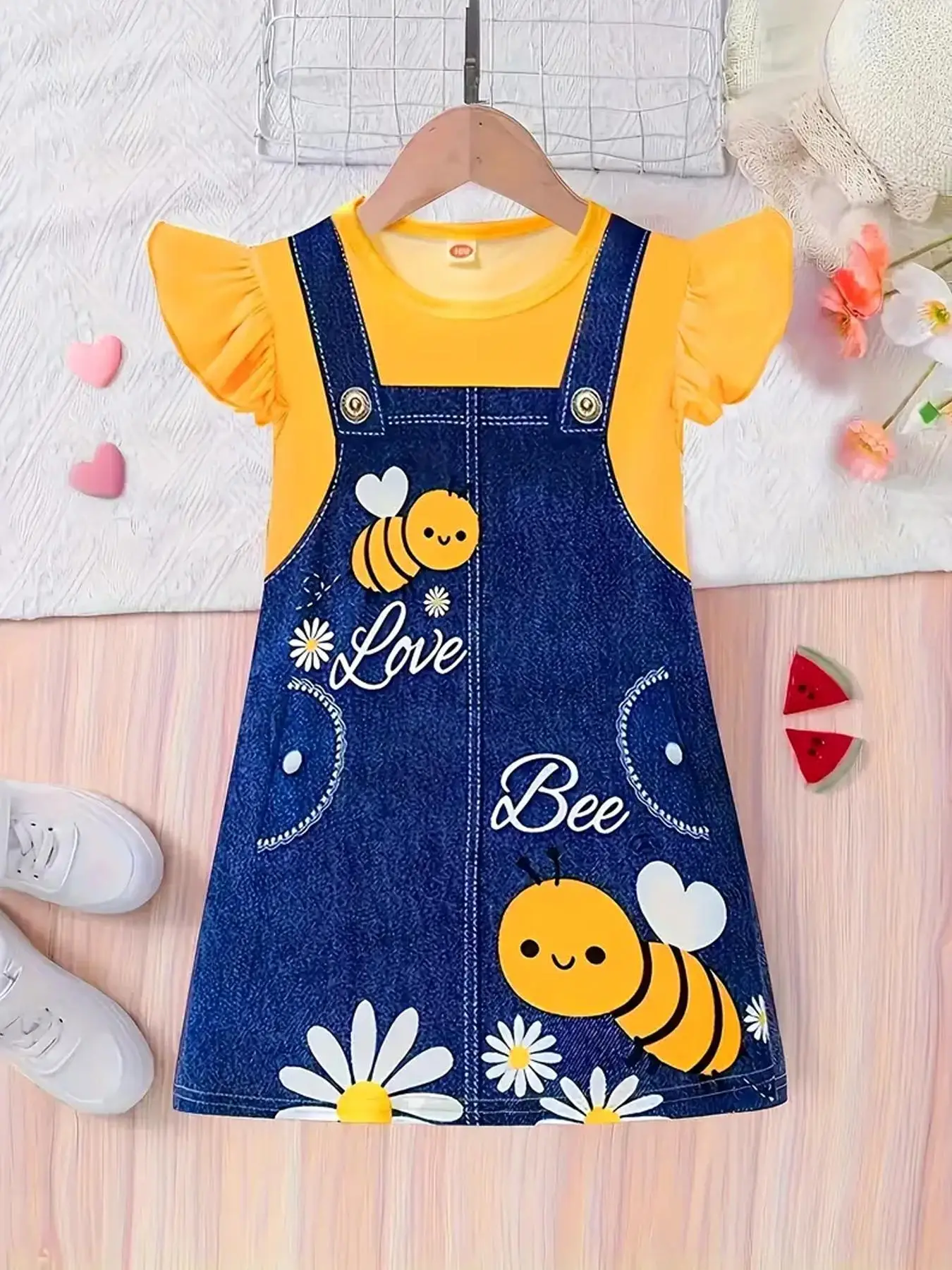 Cute Cartoon Bee & Denim-effect Print Dress, Casual Short Sleeve Dress for Summer, Kids Clothes for Daily Wear