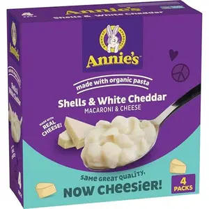 Annie's Shells and White Cheddar Mac and Cheese with Organic Pasta, Dinner Side or Snacks, 4 Ct, 24 oz