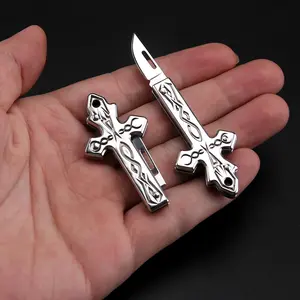 Creative Cross Mini Knife Folding Keychain Necklace Pendant, Car Key Ring, Unisex Design, Durable & Portable, Perfect Gift Idea, Gothic Cross Keychain