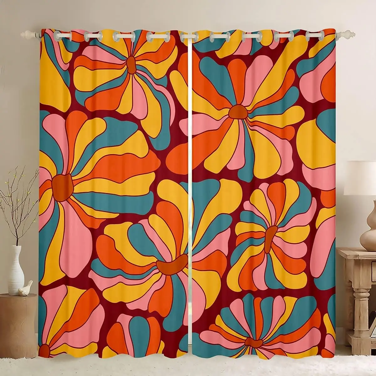 Feelyou Velvet Home Decorative Curtain - 2 Panels (52x84 in, 38x45 in Multi-Size), Vintage Floral Print Bohemian Blackout Drapes, 60s-70s Bold Color Plant Pattern for Bedroom, Living Room