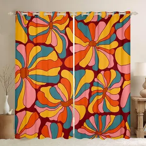 Feelyou Velvet Grommet Curtains - Vintage Boho Plant Floral Hippie Blackout Drapes, 60s-70s Groovy Rainbow Darkening Room Decor Curtain for Bedroom, Living Room (2 Panels, 52x84 in)