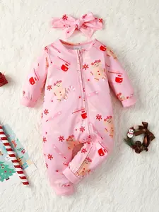 Ready Stock 3-24M Baby Girls Christmas Gingerbread man Print Zip-up Long Sleeve Bodysuit & Matching Headband 2pcs Festival Outfits P2022010101
