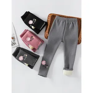 Girls' Winter Fleece-Lined Pants, Children's Outerwear Warm Trousers with Embroidery, Casual One-Piece Fleece Leggings for Medium and Large Sizes