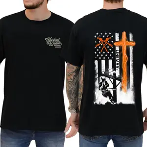 Lineman American Flag T-Shirt for Men, Patriotic USA Graphic Tee, Blue Collar Workwear Shirt, Electrician Journeyman Pride Tee.