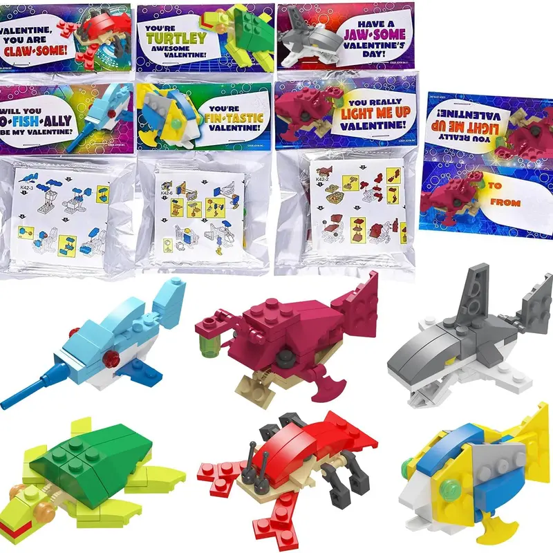 24 Packs Valentines Day Cards with Sea Animal Building Blocks for Valentine Party Favor, Classroom Exchange Prize, Valentine’s Greeting Cards