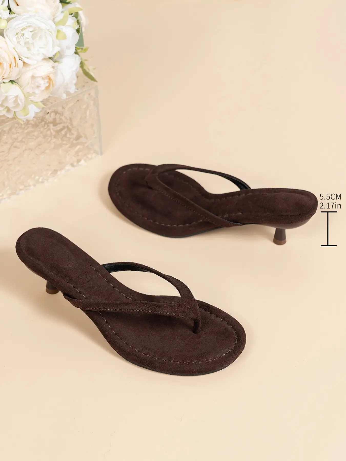 Vintage Solid Color Velour Toe-Post High Heel Sandals, Classic Sandals, Fine Heel Versatile Outdoor Wear, Low Heel Comfortable Casual Vacation Shoes