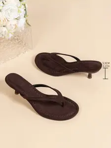 Vintage Solid Color Velour Toe-Post High Heel Sandals, Fine Heel Versatile Outdoor Wear, Low Heel Comfortable Casual Vacation Shoes