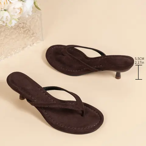 Vintage Solid Color Velour Toe-Post High Heel Sandals, Fine Heel Versatile Outdoor Wear, Low Heel Comfortable Casual Vacation Shoes, Stylish Casual Sandals