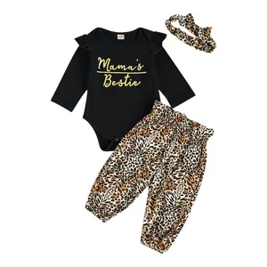 Baby Girl Clothes Newborn Infant Fall Outfit Mama's Bestie Long Sleeve Romper + Leopard Pants + Headband 3 Pcs Clothes Set