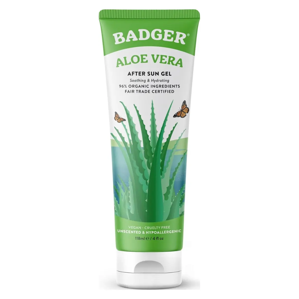 Badger Organic Aloe Vera Gel, 4 fl oz 96% Pure Unscented, Cooling Soothing Sunburn Relief for Face & Body, Vegan Hypoallergenic Fair Trade After Sun Care Gel for Skin