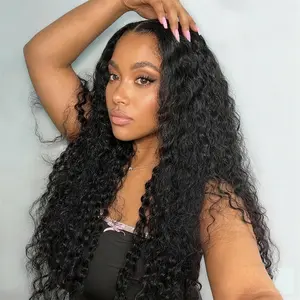 13x5 Middle Part Water Wave Lace Front Wigs Human Hair 180 Density  HD Transparent Lace Front Wigs Human Hair for Black Women Deep Curly Glueless Wigs Human Hair Pre Plucked with Baby Hair Natural Black Wet and Wavy Raw Human Hair Wig