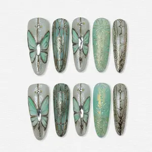  Mint Butterfly Press On Nails | 3D Crystal Butterflies, Gold Floral & Geometric Art | Long Round Nails For Spring Vibe
