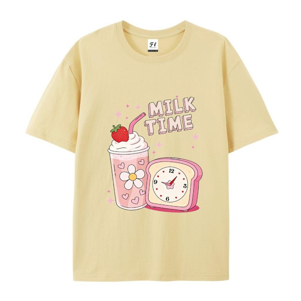 Milk Time Cute Strawberry Milkshake Retro Kawaii Graphic T-Shirt for Men & Women  Top