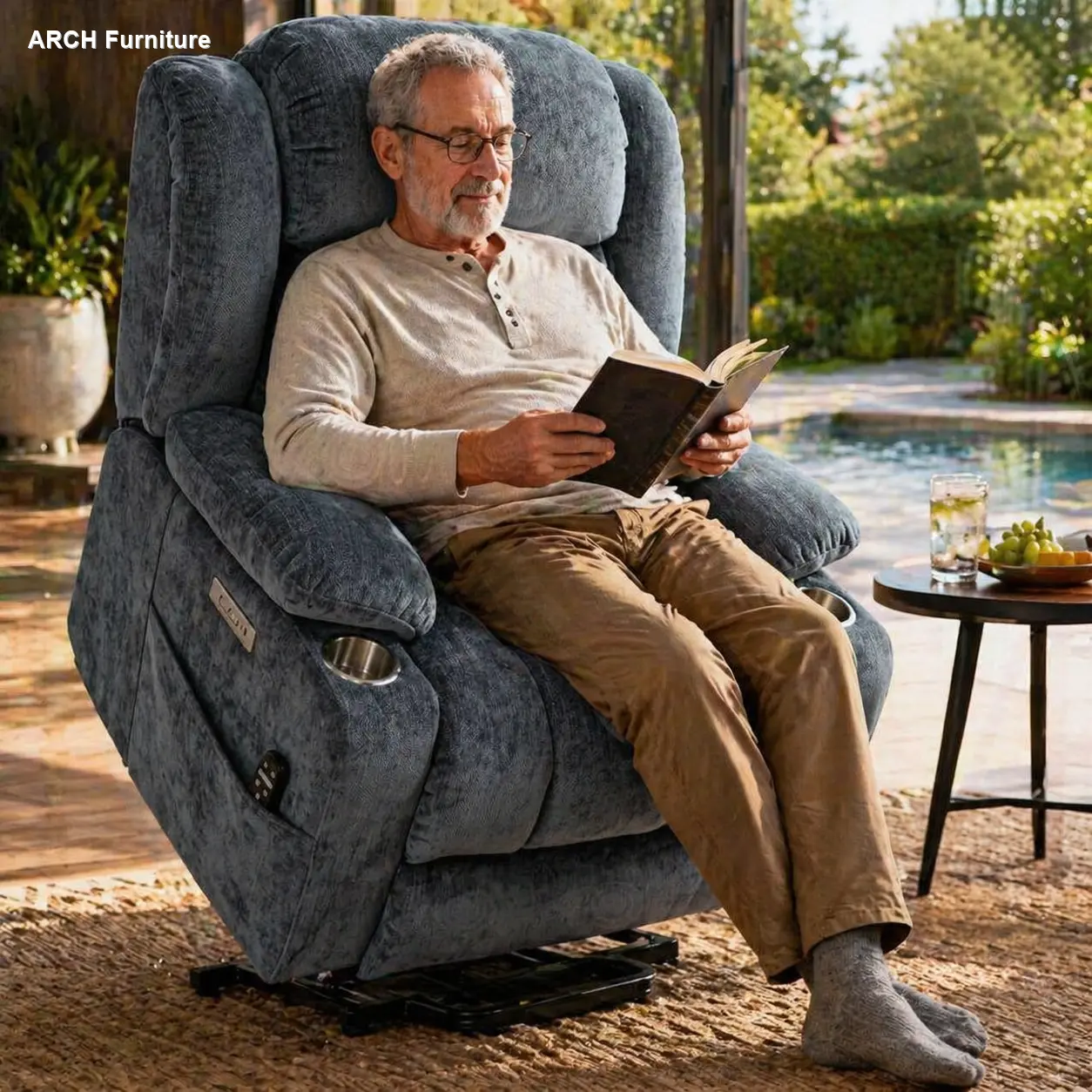 Heavy Duty Chenille Fabric Power Lift Recliner Chair - 350 LBS Weight Capacity, 8-Point Vibrating Massager, Lumbar Heating, USB & Type-C Ports, Stainless Steel Cup Holders, Tool-Free Quick Setup, Indoor Use, Blue