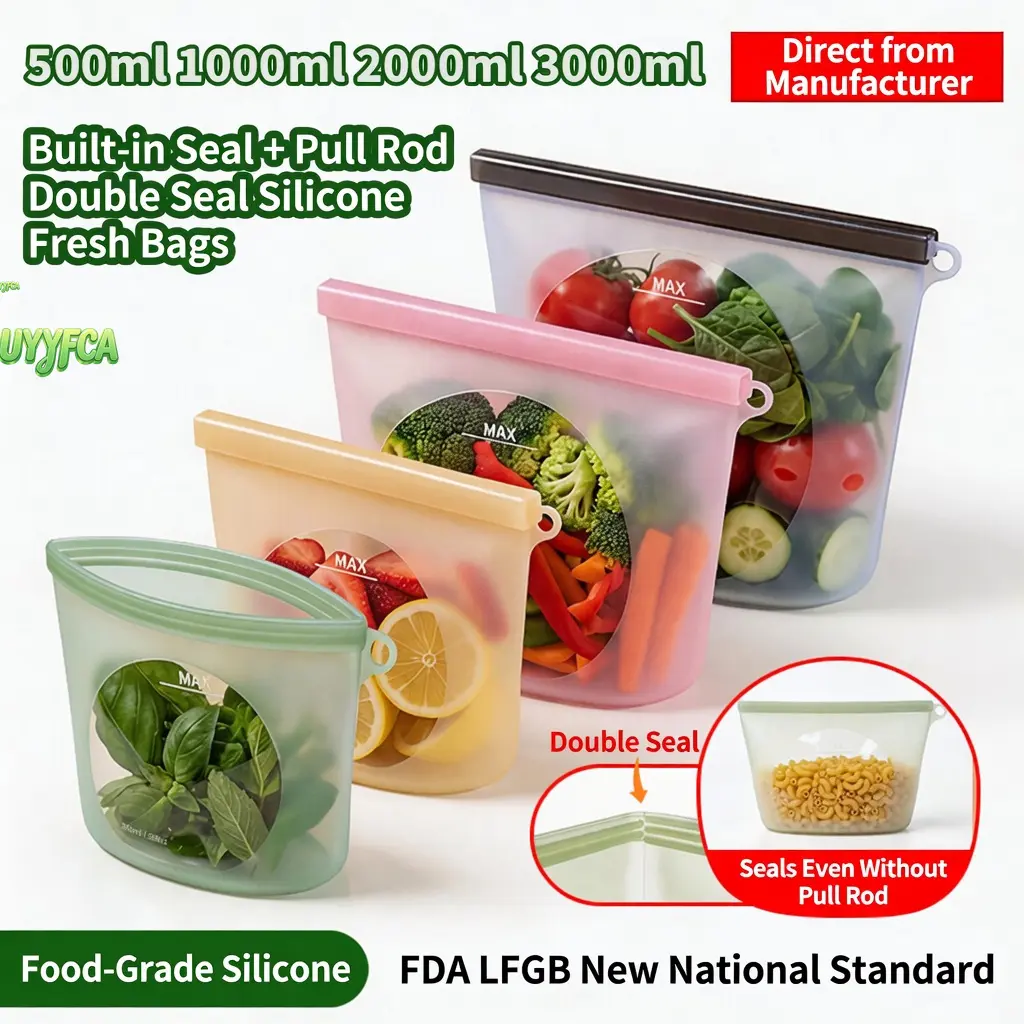 Reusable 4 categories Silicone Food Storage Bags, Double Zipper Seal with Slide Lock Airtight Stand Up Pouches, BPA Free Food Grade Silicone Bags in Multiple Sizes for Meal Prep, Soup, Leftovers, Microwave Dishwasher Freezer Safe, Kitchen Organization,sum
