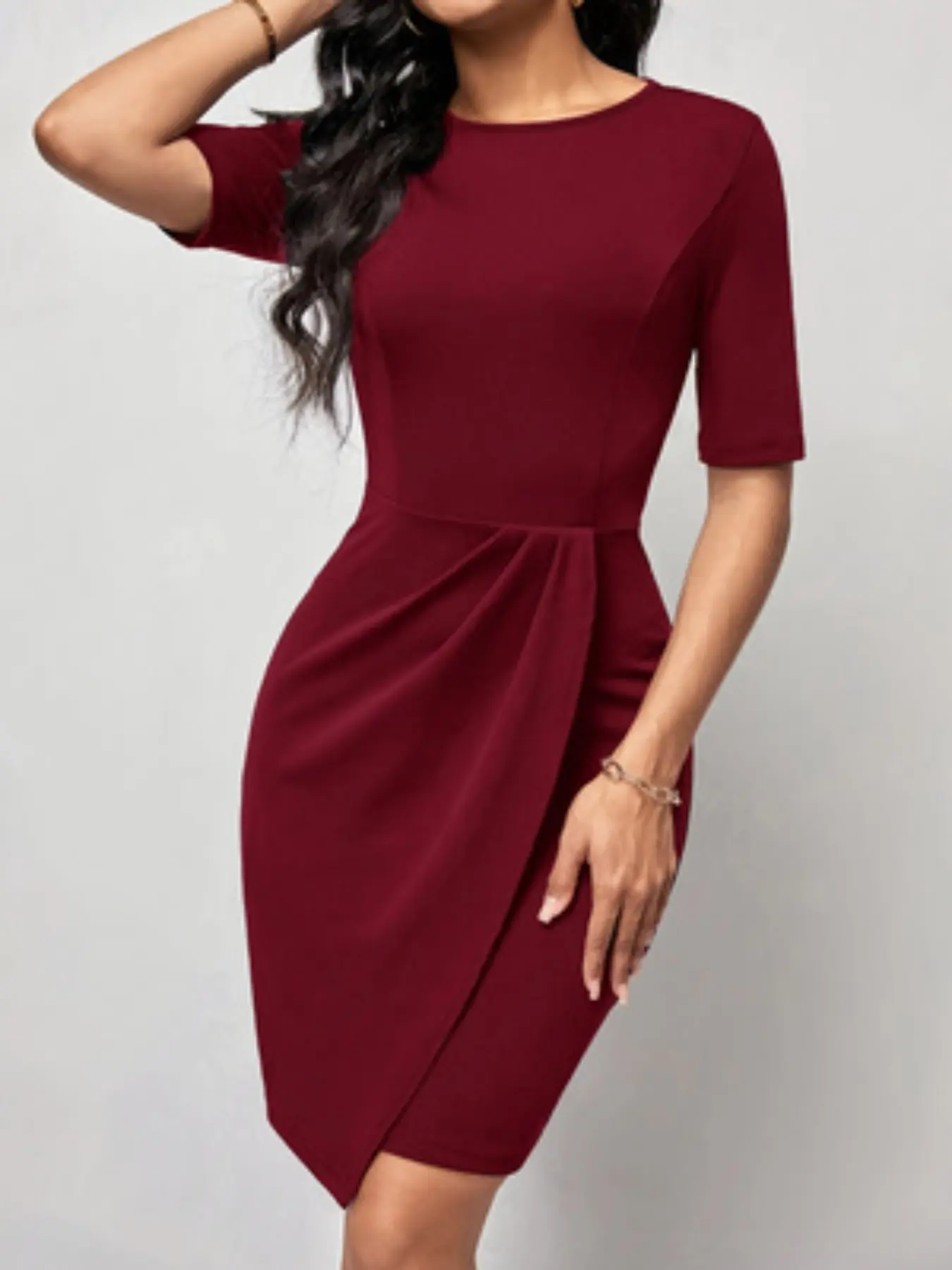Women's Burgundy Ruched Waist Short Sleeve Slim Fit Knee Length Dress, Chic Casual Basic Knit Plain Design for All Seasons - TikTok Shop Women's Burgundy Ruched Waist Short Sleeve Slim Fit Knee Length Dress, Chic Casual Basic Knit Plain Design for All Seasons - TikTok Shop