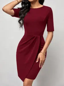 Women's Burgundy Ruched Waist Short Sleeve Slim Fit Knee Length Dress, Chic Casual Knit Plain Design for All Seasons