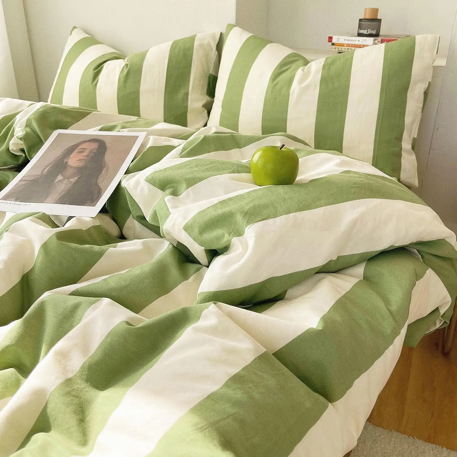 3 Pieces Queen Size Striped Duvet Cover Set, 100% Washed Microfiber Sage Green White Stripes Printed Comforter Cover, Soft Breathable Farmhouse Striped Bedding Set 3 Pieces Queen Size Striped Duvet Cover Set, 100% Washed Microfiber Sage Green White Stripes Printed Comforter Cover, Soft Breathable Farmhouse Striped Bedding Set