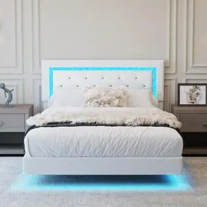 Diamond Tufted Queen Bed Frame with RGB LED Lights, Floating Platform Bed, Premium PU Upholstered, Easy Assembly Under 30 Minutes