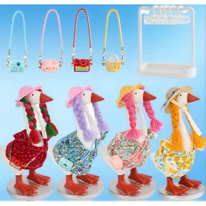 7-Inch Desk Goose Outfits Set of 4 – Cute Dress with Braided Wig Hat, Mini Handbag & Hanger Stand for Desktop Goose Statue Clothes Accessories Decor