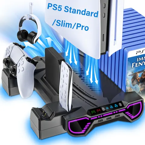 Cooling Station Charging Base for PS5 Standard/Slim/Pro,with Dual Controller Charger RGB Light Touch Control Cooling Stand for  Disc/Digital, PS5 Accessories#SummerWins #DealsForYouDays, Game, Headset