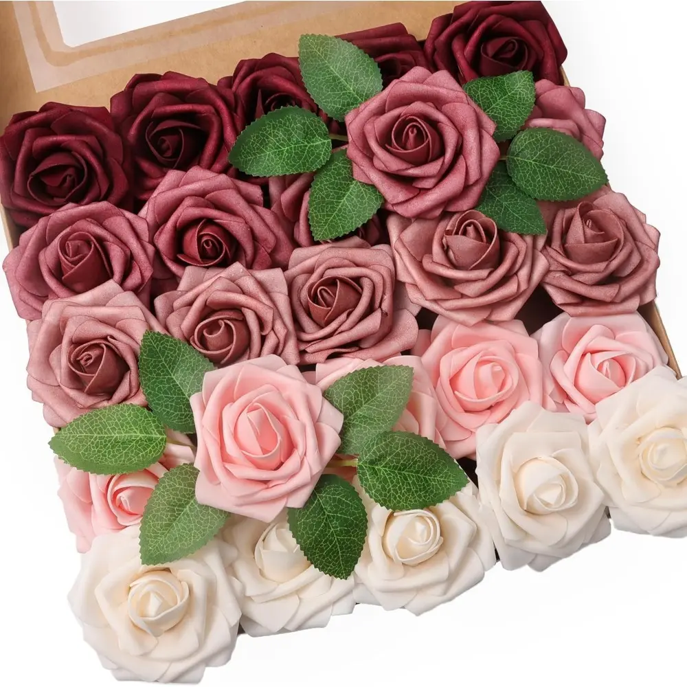 50pcs Synthetic Foam Rose Flowers Set - Real-Looking Burgundy Ombre Decorative Ornaments with Stems for Red Wedding Bouquets, Home Decor, Floral