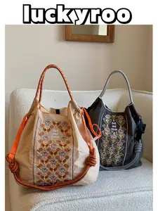 New Women's Boho Style Embroidered Tote Bag, Flower Bags, Lightweight Foldable Nylon Shopping Bag, Perfect for Shopping and Commuting