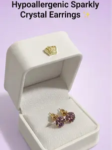 Women's Hypoallergenic Sparkly Purple Crystal Stud Earrings, Lightweight Titanium Steel Gold Tone Fashion Jewellery for Everyday Wear Gift