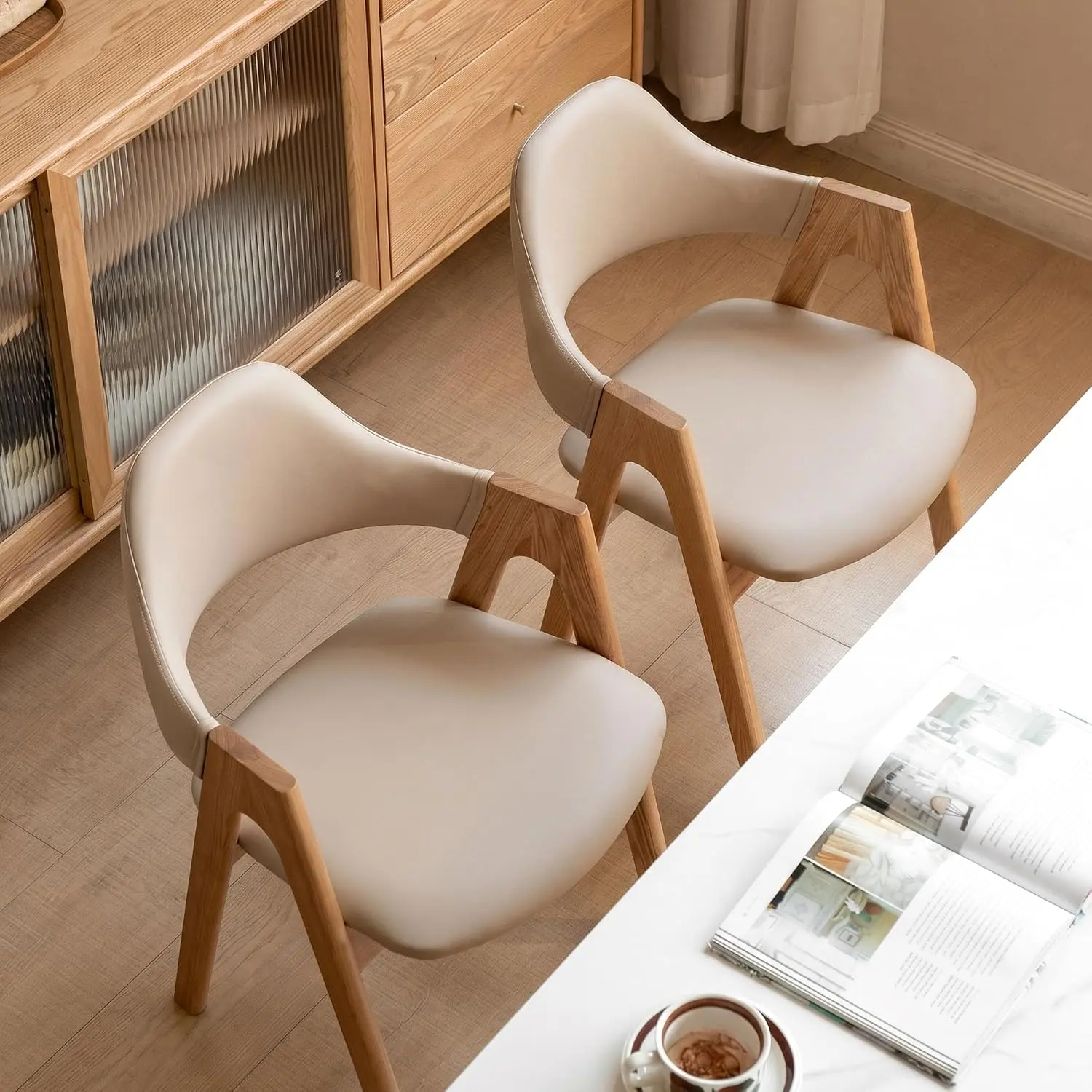YESWOOD Solid Oak Office Chair, Dining Chair with Armrests, Organic Leather Upholstered Side Chair for Kitchen Dining Room Bedroom