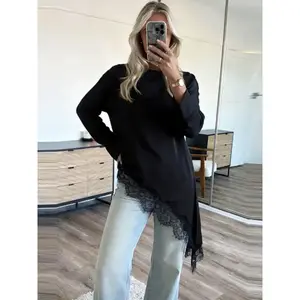 Satin Lace Asymmetric Shirt Woman Blouses Spring Autumn 2026 Elegant Black O-Neck Fitted Long Sleeve  Tops For Woman Minimalist Office Layering & Glam Versatile Blouses Casual Blouses