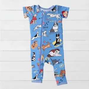 Bestaroo Puppy Pals Blue Convertible Romper Coverall – Super Soft Bamboo Viscose Baby Outfit with 2-Way Zipper, Snug Fit Sleep & Play Pajama, Sizes Newborn to 24 Months