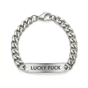 ID Bracelet Stainless Steel Cuban Chain Bracelet Unisex Engraved Lucky Fuck Heavy Statement Y2K Punk Gothic Gotham Rebel Jewelry Gift
