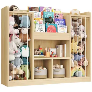 ONBRILL Two Wooden Stuffed Animal Storage, Toddler Toy Storage Organizer with 4-Tier Kids Bookshelf and 3 Open Cube Shlef, Multifunctional Bookcase for Kids Rooms Playroom Nursery