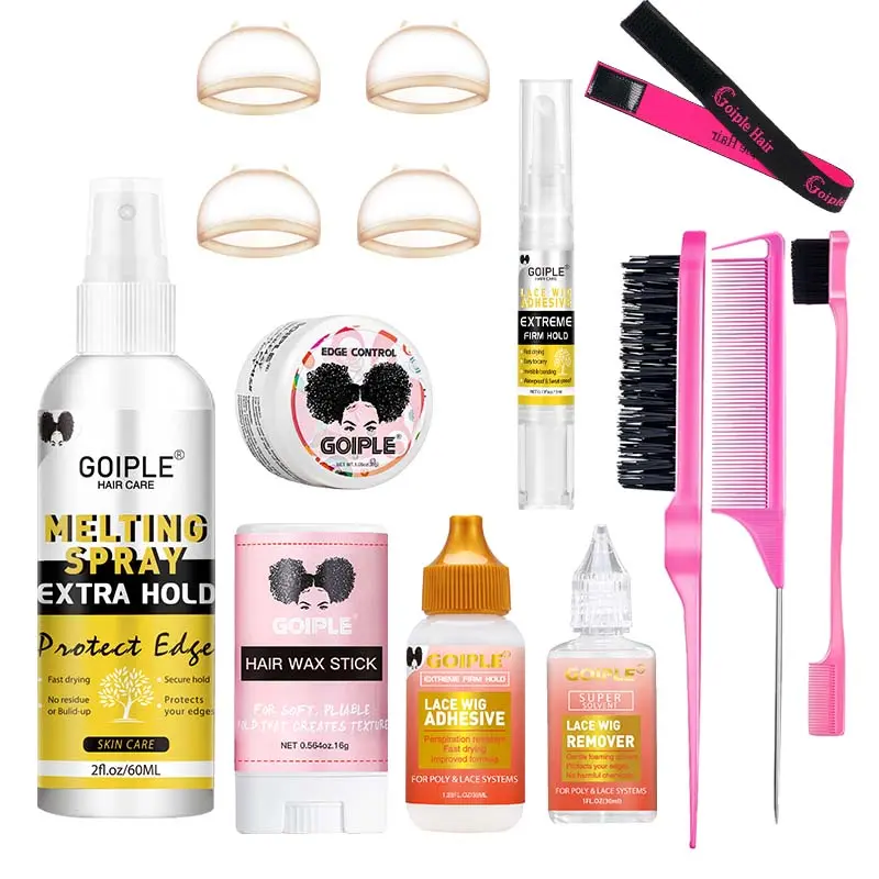 Goiple Lace Glue Styling Tool Set, Wig Installation Kit, Hair Gel, Wig Melting Spray, Melting Spray For Lace Wigs, Lace Adhesive, Elastic Bands, Wax Stick, Brush, Suitable for Women & Girls,for Beginner, Wig Glue Remover