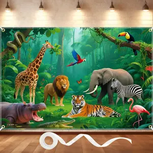10x6.5ft Jungle Backdrop with Ribbon -  Rainforest Safari Photography Background for Jungle Theme Party Decor,   Birthday,  Shower & Photo Booth Props