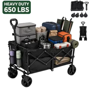 Heavy-Duty Foldable Beach Wagon Cart (650/450/330 lbs) – All-Terrain Camping & Pet Wagon with Carbon Steel Frame, 600D Oxford Fabric, Tool Holder, Durable Wheels & Reinforced Handle – No Assembly Required for Beach, Garden, Shopping & Sports – Black