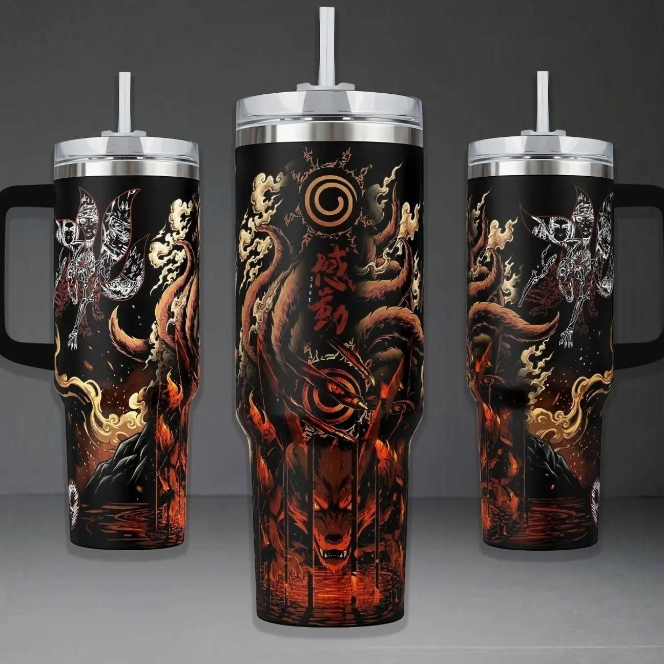 Kurama Nine-Tails Fox Tumbler, Naruto Shippuden Sage Mode 40oz Cup with Handle, Kyuubi Seal 20oz Stainless Steel Travel Mug, Anime Ninja Gift, Kurama Inspired Insulated Tumbler