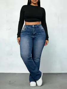 Plus Size Rhinestone Decorated Wide Leg Jeans Pants, High Elastic Washed High Waist Denim Jeans for Women, Casual Fashion All Seasons
