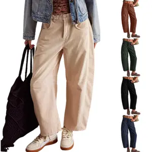 Tanming Women's Corduroy Pants Barrel Mid-Rise Elastic Waist Cord Pants Springfresh Casual Wide Leg Baggy Trouser with Pockets