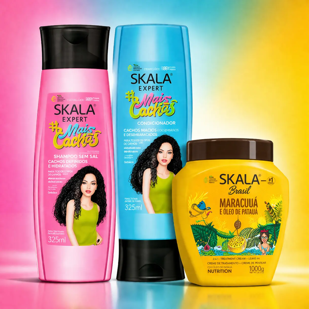 Skala Expert Brazilian Curly Hair Care Kit, 3-Piece Set with Passion Fruit & Patauá Oil, Non-Toxic Shampoo Cleanser, Conditioner & Leave-In Conditioning Mask for Adults