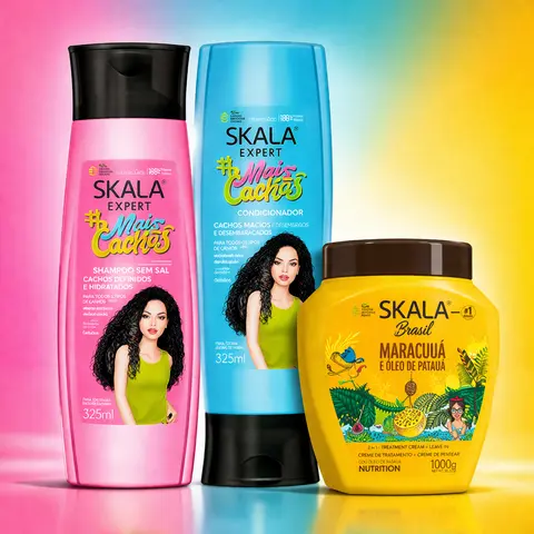 Skala Expert 3-Piece Brazilian Curly & Wavy Haircare Kit (1000g) - Natural Passion Fruit & Patauá Oils Cleanser, Non-Toxic Shampoo, Conditioner, Leave-In Conditioning Mask, Alcohol-Free, Curl-Boosting, Biodegradable for Adults, 24-Month Shelf Life