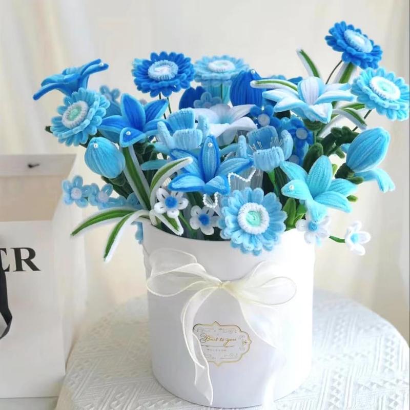 Blue Pipe Cleaner Kit With 150 count Pipe Cleaners Colourful in 3 Colours(Dark Blue,Light Blue,Green),8 Pcs Green Floral Wire,40 ,40 Stamen,Floral Tape,Flower Wrapping Paper and Ribbon