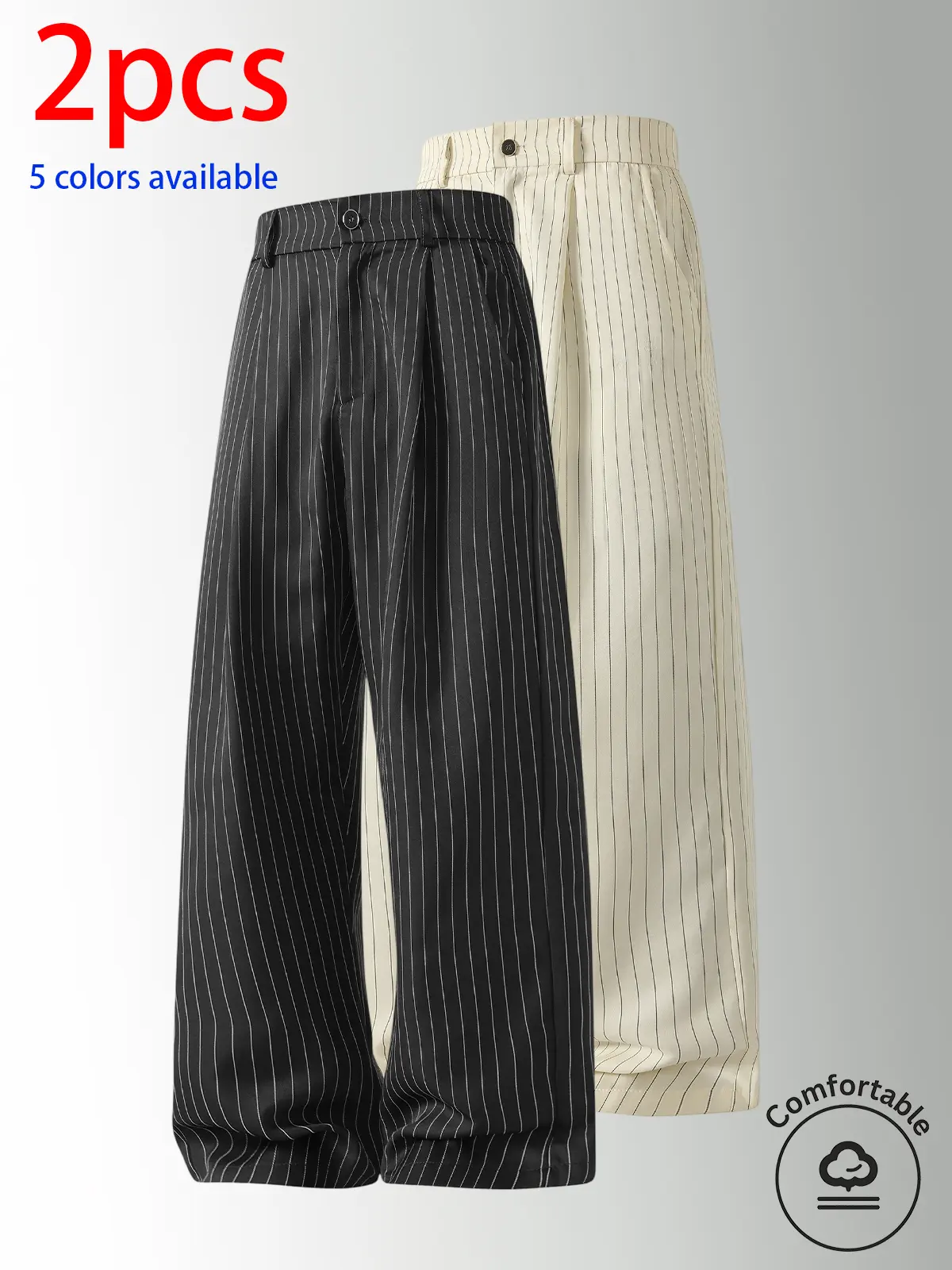 Two-pack men’s long pants—men’s suit trousers and casual dress pants featuring a button front and vertical stripes that evoke a retro vibe. These straight-leg pants have a smooth drape and wrinkle-resistant fabric, are versatile, and offer a relaxed fit t