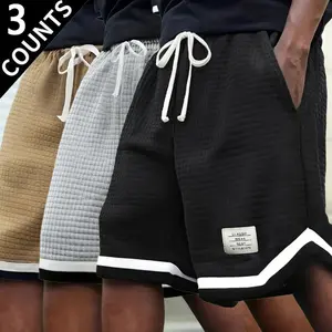 3-Pack Men’s Waffle Knit Casual Shorts, Elastic Drawstring Waist, Contrast Trim Streetwear Shorts, Classic Vintage Style Athletic Shorts for Everyday Wear & Street Fashion