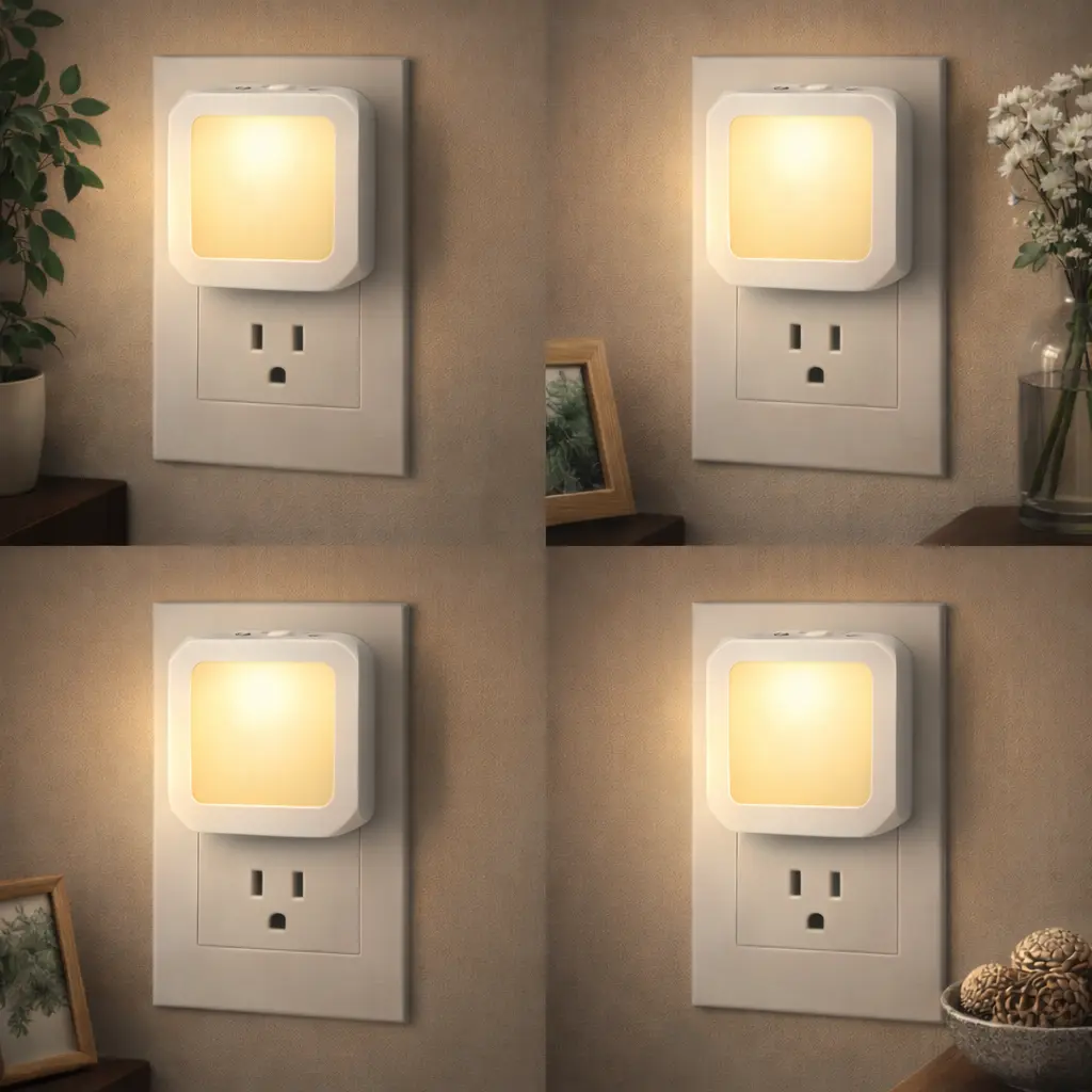 Plug in Night Light 4 Pack, 3000K Warm LED Sensor Lamp, Adjustable Brightness for Bedroom, Bathroom & Hallway