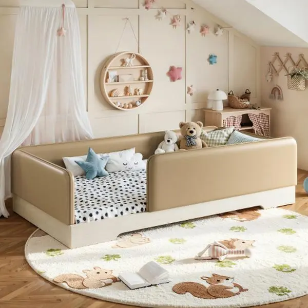 [Bellemave]Twin Size Upholstered Floor Bed for Kids, Faux Leather Montessori Floor Bed Frame with Removable Guardrails, Low Profile Platform Bed for Boys Girls