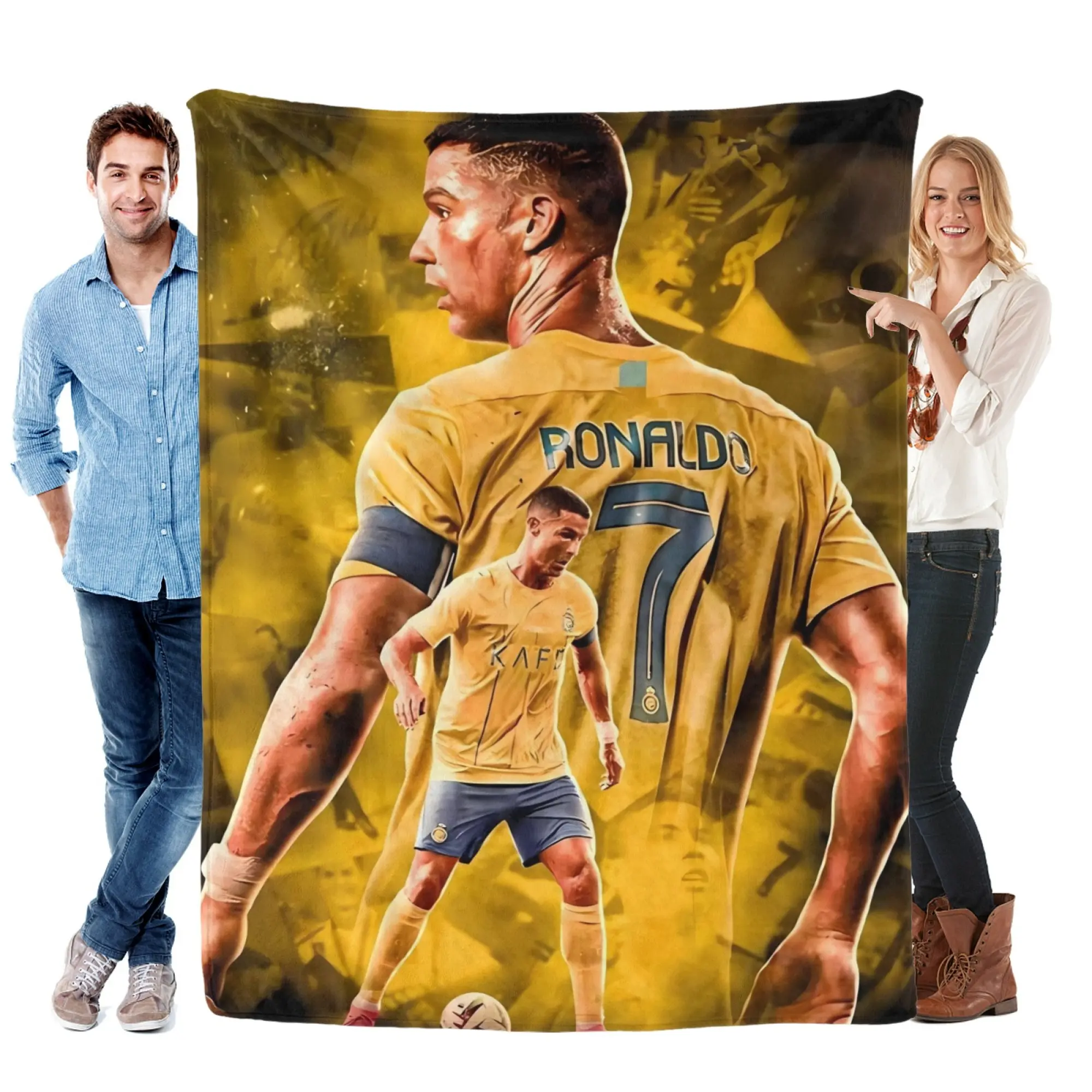 Cristiano Ronaldo Al Nassr No.7 Microfiber Poly Flannel Throw Blanket - Golden Tone Double Portrait Art Print, Everyday Home & Travel Ultra Softness Bedding, Fade Resistant Gift for Saudi League Soccer Fans