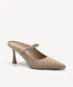 Cosy Island Fly Woven Rhinestone Knot Pointed Toe Slip On Mule Heels 7cm Spool Flare Dress Shoes