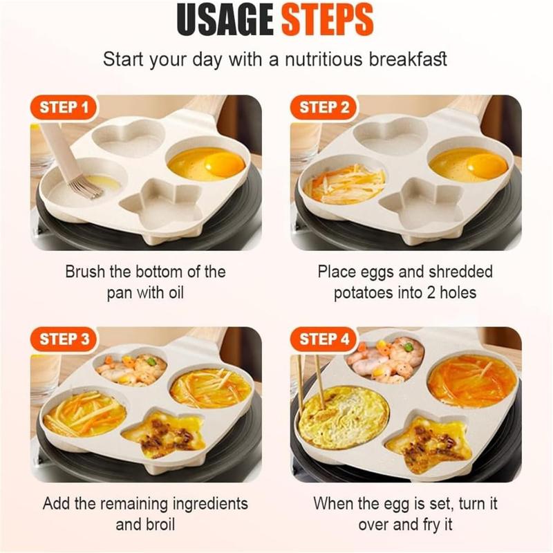 Non-stick Hole Design Egg Frying Pan, 4 Hole Skillet with Handle, Small Egg Fry Pan 4-in-1 Divided Grill Pan, Wooden Handle Stone Omelet Non-stick Cookware, Breakfast Pancake Pan, Kitchen Gadgets for Gas and Induction Cooktops gas stove