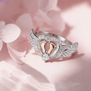 Mommy of an Angel Sterling Silver Ring, Angel Wing & Heart Footprint Design Memorial Jewelry for Women, Sentimental Remembrance Band, Ideal Gift for Mother’s Birthday, Christmas & Angel Baby Memory